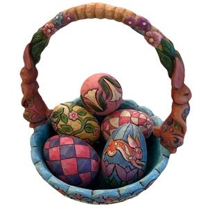JIM SHORE HUNTING EGGS FINDING JOY SPRING EASTER BASKET & 5 EGGS Whimsical Bunny